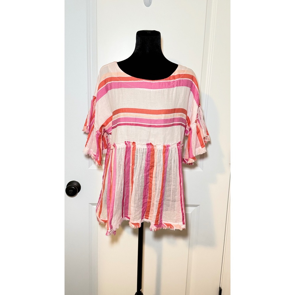 THML Striped Babydoll Top Pink Orange Ruffle Fringe Sleeve Blouse XS